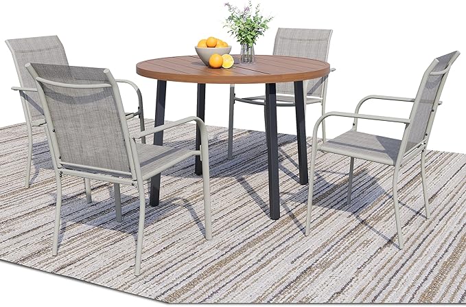 5 Pieces Patio Dining Set for 4, Grey Patio Stackable Chairs and Walnut Round Table Set of 4, Outdoor Furniture Set with Sling Support for Outside, Garden
