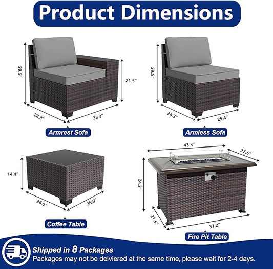 Outdoor Patio Furniture Set with Fire Pit Table, 13 Pieces Outdoor Furniture Set Patio Sectional Sofa w/43in Propane Fire Pit, PE Wicker Rattan Patio Conversation Sets - Grey