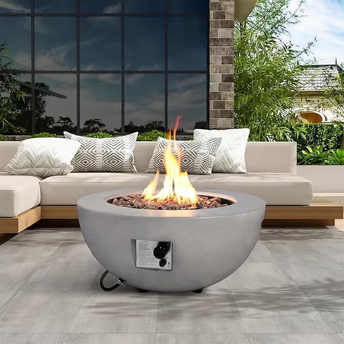Propane Fire Pit–31.5 Inch Concrete Fire Pit – Outdoor Firepits 50,000 BTU Gas Fireplace CSA Certification w Lid,Lava Rocks for Deck or Patio & Grey
