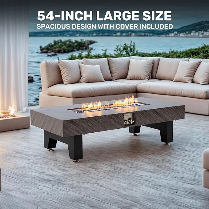 54”Propane Fire Pit,Outdoor Gas Fire Pit Table with Rain Cover,Rectangular Heater for Patio, Backyard, Deck,50,000BTU Outdoor Modern Patio Fire Pit.