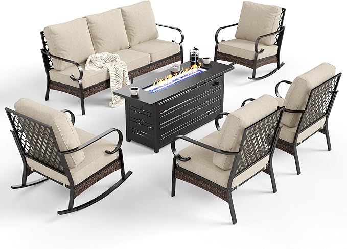 6 Piece Black Metal Outdoor Patio Furniture Sets with Firepit Table, Patio Conversation Sets 1 3-Seater Sofa, 2 Leg Sofa and 2 Rocking Sofa with 5.75" Cushion for Backyard Deck, Beige