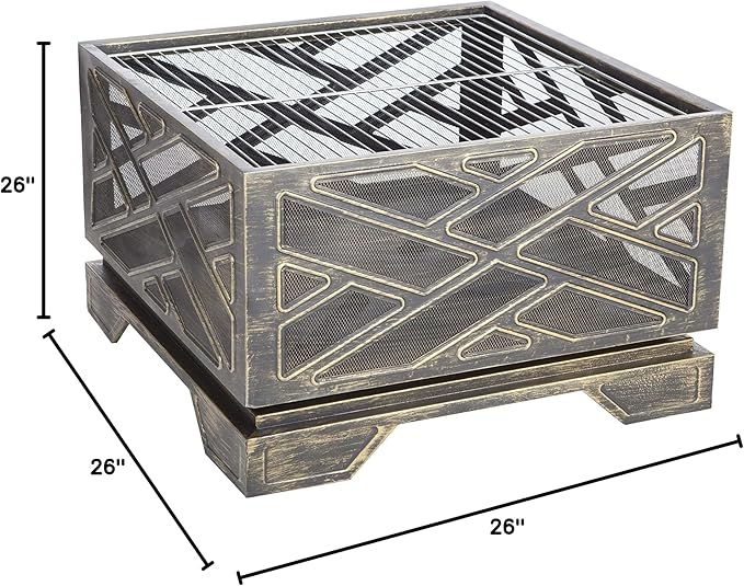 Fire Sense 62239 Fire Pit Catalano Wood Burning Lightweight Portable Outdoor Firepit Backyard Fireplace for Camping Bonfire Included Screen Lift Tool & Cooking Grate - Square - Antique Bronze Finish