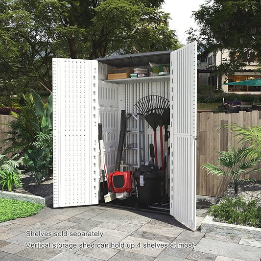 KINYING Outdoor Storage Shed Waterproof, Resin Vertical Storage Cabinet Double-Layered, Versatile to Store Patio Furniture, Garden Tools, Pool Accessories,Mower (66 Cu.ft,White)
