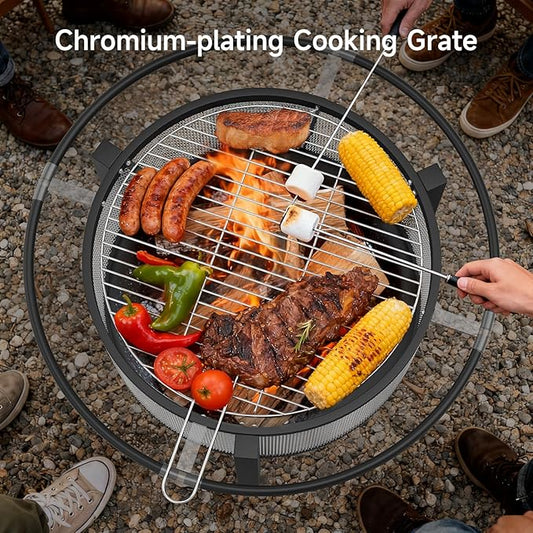 ONBRILL 2-in-1 32 Inch Fire Pit with Cooking Grill, Outdoor Wood Burning Firepit with Poker for BBQ, Bonfire, Picnic, Party, Round Metal Fire Pit for Outside, Backyard, Patio