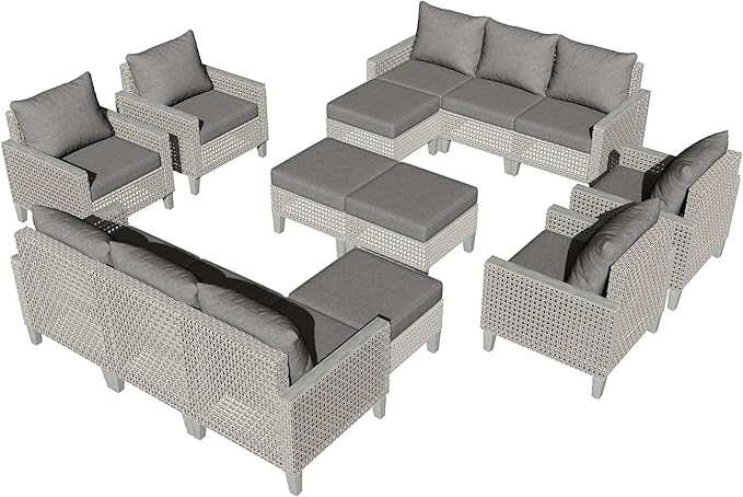 Outdoor Patio Furniture Set 14-Piece Modular Wicker Sectional Sofa with Ottomans and Thick Cushions, Modern Rattan Outdoor Conversation Couch for Garden Backyard, Grey