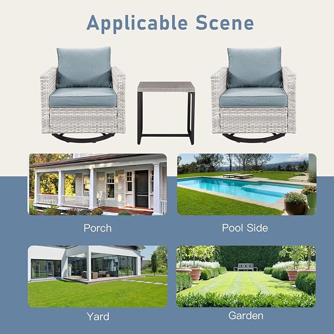 Outdoor Swivel Rocker Chairs, Patio Swivel Chair Set, Wicker Swivel Patio Chairs Set of 2 with One Side Table, Light Grey/Light Blue