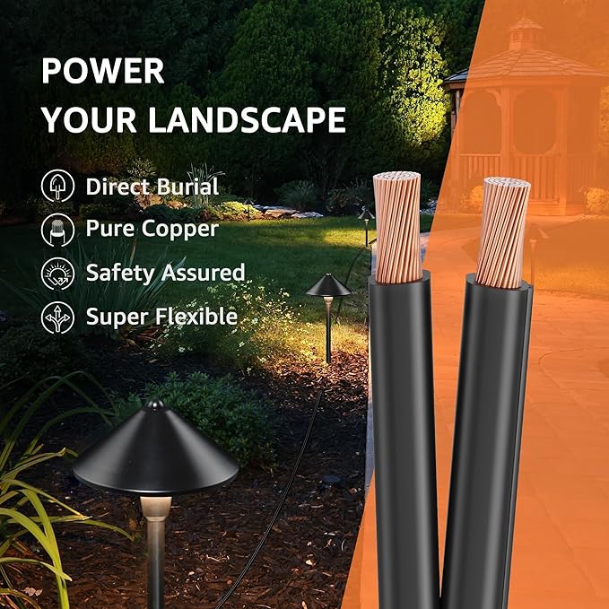 SUNVIE 100FT 12 Gauge Low Voltage Wire 12/2 Low Voltage Landscape Wire, 12 AWG 2 Conductor Electric Wire Direct Burial 12 Gauge Stranded Copper Wire for Landscape Lighting Lamp Wires, ETL Listed