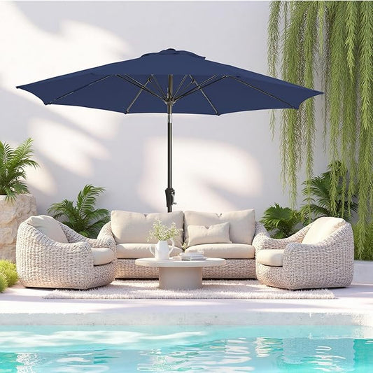 9FT Large Outdoor Patio Umbrella Market Table Umbrella-UV Resistant, Easy Push Button Tilt and Crank, 8 Sturdy Ribs Heavy-Duty Pool Umbrella for Deck, Backyard,Garden,Navy