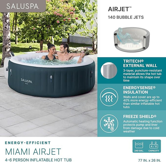 Bestway SaluSpa Miami AirJet 4-6 Person Inflatable Hot Tub Round Portable Outdoor Spa with 140 AirJets and EnergySense Energy Saving Cover, Dark Green