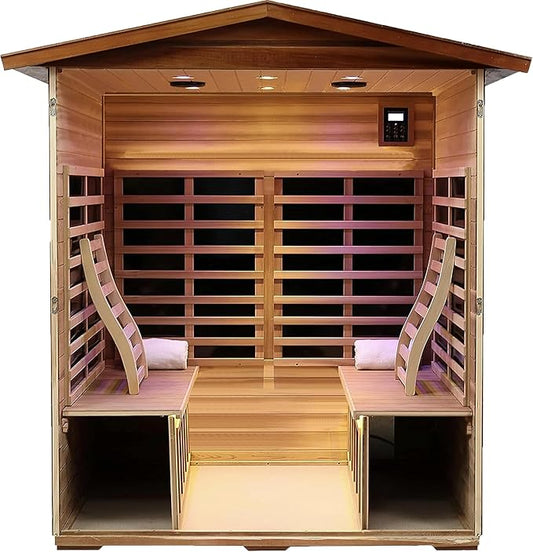 LTCCDSS Ultra-Low EMF Outdoor Sauna 4 Person, Mahogany Far Infrared Sauna for Home EMF Average 0.5 mG, Chromotherapy, Bluetooth Speaker (68.1 * 52.4 * 82.7 inch)
