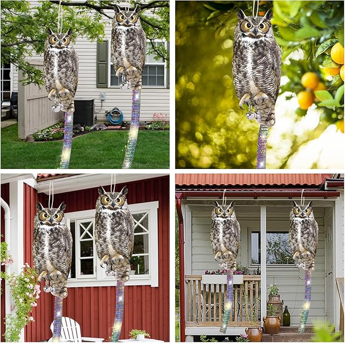 2PCS Reflective Hanging Hawk Fake Owl Decoration, Realistic Hanging Owl for Garden Patio Windows