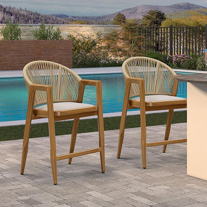 PURPLE LEAF Outdoor Counter Height Bar Stools Set of 2 Wicker Rattan Counter Stools Bar Chairs Barstool for Patio Kitchen Island Lawn Teak