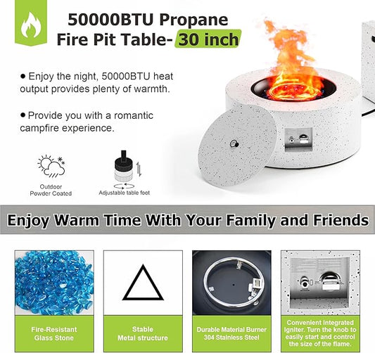 Dineli 2-Piece Outdoor Propane Fire Pit Table Set w Tank Table 30'' Round Fire Pit Table 2-in-1 Firepit Table for Outside Patio Gas Fire Pit Fireplace, 50,000 BTU, Speckled White 