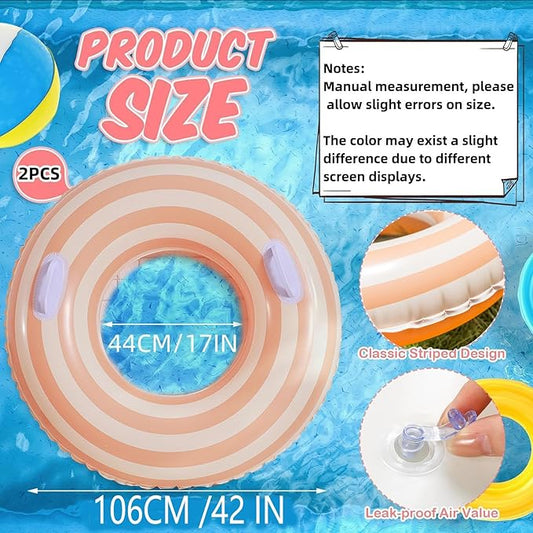 2 PCS Striped Pool Floats for Adults Swimming Rings Tube with Handles -Inflatable Pool Float Tube for Adults Pool Floats for The Beach, Party, Vacation