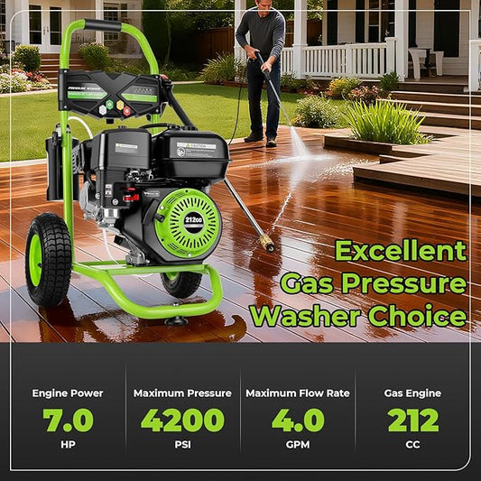 4200PSI Pressure Washer 4.0GPM Gas Power Washer 212CC Gas Powered Washing Machine Commercial High Pressure Washer with 25ft Hose&5 Nozzles for Patio Garden Yard Vehicle,EPA/CARB/ETL (Green & Black)