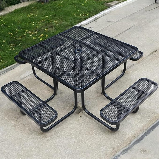 46Inch Square Picnic Table for 8 Person, Outdoor Heavy Duty Sturdy Picnic Tables with 4 Benches & Umbrella Hole, Commercial Metal Patio Picnic Table for Garden, BBQ, Coffee Store, Party, Porch (Black)