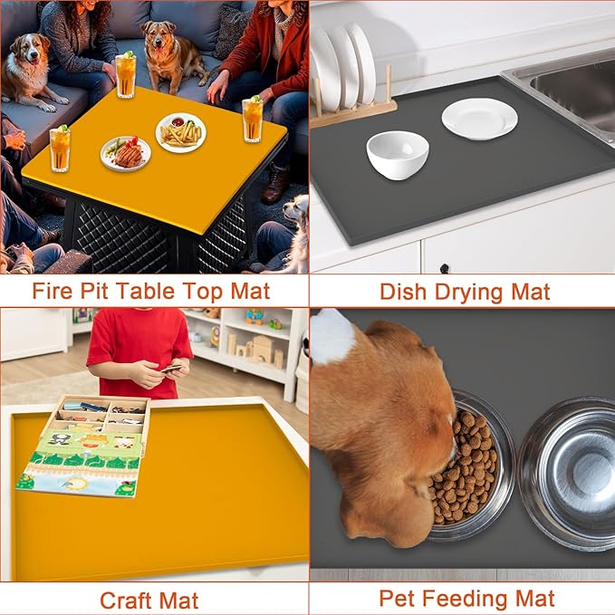 Silicone Mat for Propane Fire Pit Table, 28 inch Non-Slip Firepit Covers Square, Waterproof Heavy Duty Outdoor Fire Pit Table Cover (Orange)