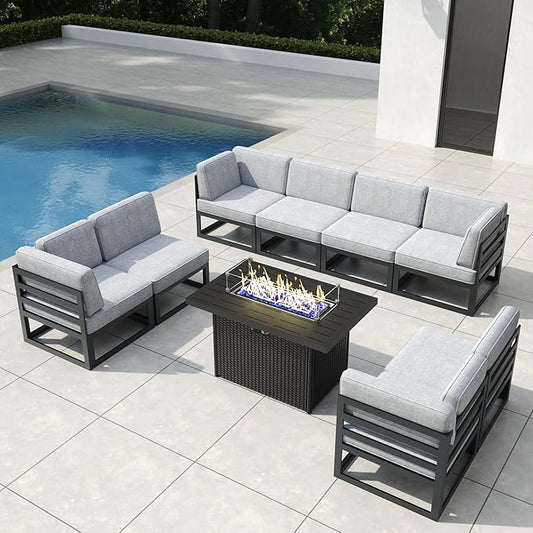 9 Pieces Aluminum Patio Furniture Set with Propane Gas 44" Fire Pit Table, Metal Outdoor Conversation Sofa Set with Seating Cushions