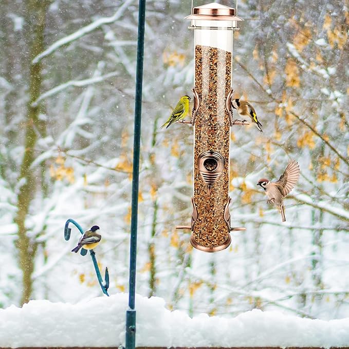 MIXXIDEA Metal Wild Bird Feeder, Squirrel Proof, Hanging 6 Port Tube Finch Feeder for Attracting Birds in Lawn, Garden, Balcony - Antique Copper