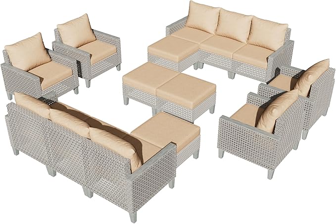 Outdoor Patio Furniture Set 14-Piece Modular Wicker Sectional Sofa with Ottomans and Thick Cushions, Modern Rattan Outdoor Conversation Couch for Garden Backyard, Khaki