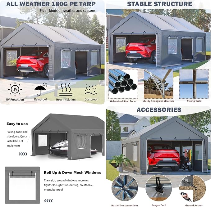 13x20 FT Heavy Duty Carport, Outdoor Storage Shed Tent with 2 Roll-Up Doors, Side Panels & Galvanized Steel Frame, All-Season Garage Shelter with Dual Mesh Ventilation Windows, Silver