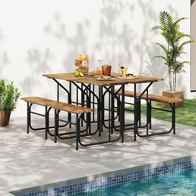 Tangkula Patio Dining Bench Set, Heavy-Duty Outdoor Acacia Wood Dining Furniture with Metal Legs for Balcony, Backyard, Poolside, Garden (1,32” x 27.5” x 29.5”)