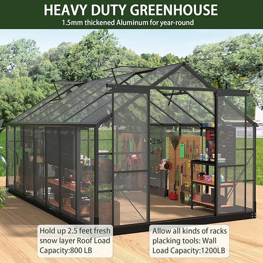 Greenhouses for Outdoors, 8x14.2 FT Polycarbonate Greenhouses with 2 Adjustable Roof Vent, Windproof, Walk-in Aluminum Frame Green Houses for Outside with Sliding Door, Garden (8x14.2FT)