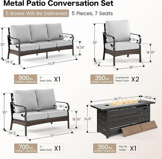 5 PCS Black Metal Outdoor Patio Furniture Sets with Firepit Table, Patio Conversation Sets 1 3-Seater Sofa, 1 2-Seater Sofa, 2 Single Sofa with 5.75" Cushion for Backyard, Light Gray