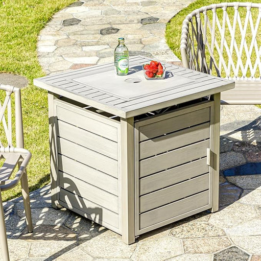 28 Inch Propane Fire Pit Table, Outdoor Gas Fire Pits with Lid & Lava Rock, 50000 BTU Firepit for Dinning, Party in Outside, Patio, Garden or Yard (Light Grey)