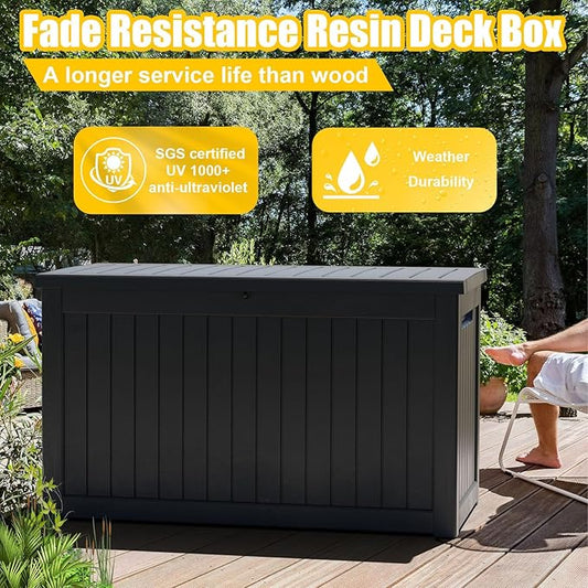 280 Gallon Large Deck Box,Resin Outdoor Storage Box with Lockable for Patio Furniture, Garden Tools Waterproof Outside Storage Box, Black