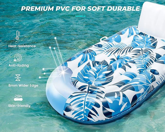 Pool Floats Adult 1-2-3 Person Inflatable Lounger, Extra Large Tanning Recliner Floaty Chair Raft with Backrest, Footrest, Cup Holder for Pool, Lake, River, Beach, Ocean & Party Use