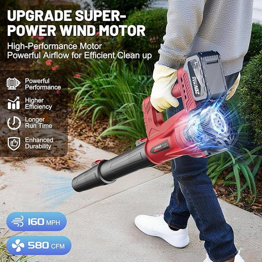 Leaf Blower Cordless with 2 x 4.0Ah Battery and Charger, 160MPH/580CFM High Power Lightweight Handheld Electric Snow Blower with 2 Extended Tubes for Lawn,Yard Garden, Leaves, Dust, Snow Care (Red)