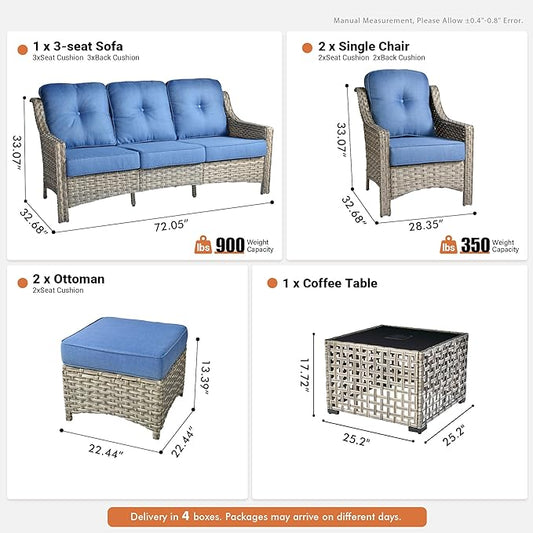 6 Pieces Patio Outdoor Furniture Set,All Weather Wicker Rattan Patio Seating Sofa and Chair Set w/Ottoman and Glowing Coffee Table,Outdoor Conversation Sets for Deck Yard Garden,Blue