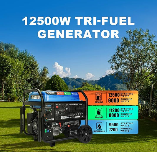 DK Upgraded 12500W Tri-fuel Generator, Remote Electric Quick Start, 10.5 Gal Super Tank, 120V 240V, CARB EPA Compliant Gas Propane or NG Powered Back Up (DK12500ETC)