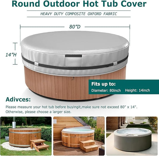 AKEfit Round Hot Tub Cover, 600D Polyester Waterproof for Hot Tub, UV Protection & Windproof, 80''x 14'', Silver