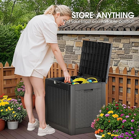 NUNU LAB 35 Gallon Outdoor Storage Box Waterproof, Outside Package Delivery Deck Boxes with Lockable Lid, Backyard Storage Bin For Garden Tools, Patio Cushions, Pool Accessories, Black