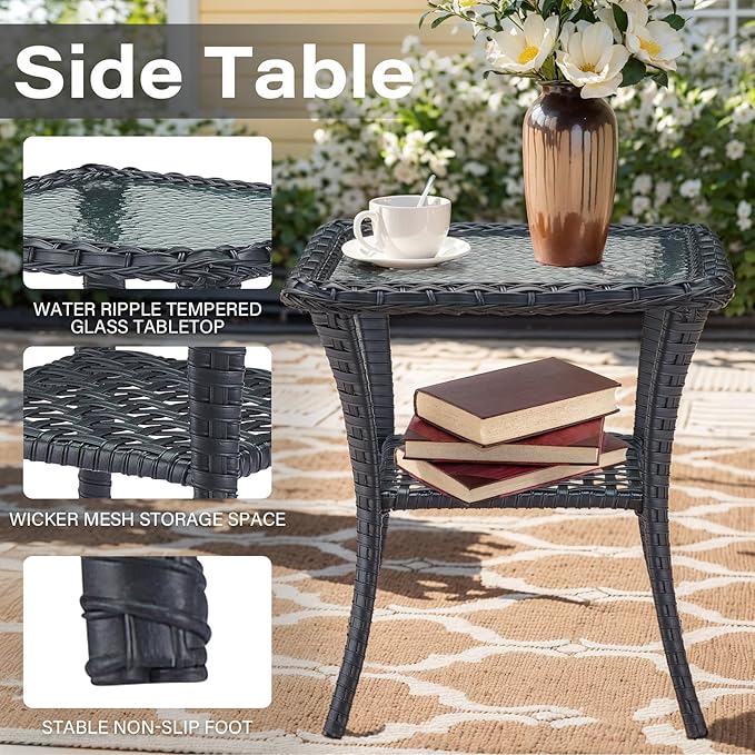 Belord 8 Piece Patio Furniture Set with 50000 BTU Propane Fire Pit Table, Outdoor Conversation Set with 2 Swivel Rocker Chairs Wicker Sofa and Ottomans for Casual Gatherings Black
