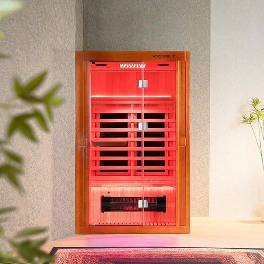 Woodbridge Infrared Home Sauna Room 2 Person Japanese Cedar Indoor Sauna with 7 Carbon Heaters, Red Light Therapy, Bluetooth Speaker, Intelligent Control Panel, Tempered Glass & Top Vent