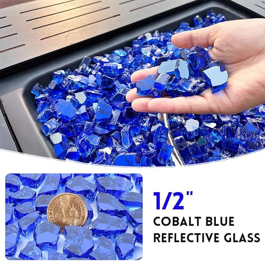 20 Pounds Fire Glass 1/2 Inch High Reflective Tempered Firepit Glass Rocks for Fireplace, Fire Pit Table, Fire Bowl and Landscaping (Cobalt Blue)