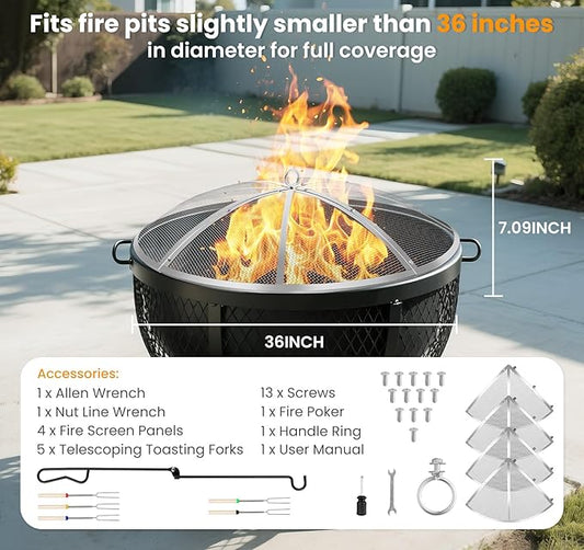 Fire Pit Spark Screen 36 Inch Round, Heavy Duty Stainless Steel Outdoor Fire Pit Screen Cover with Foldable Hook & Marshmallow Sticks, Mesh Spark Protector for Backyard, Camping, Beach