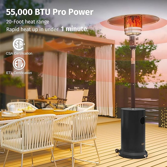 EAST OAK 55,000 BTU Propane Patio Heater with Round Table & Stainless Steel Burner, Outdoor Heater with Wheels, Ideal For Large Patios, Gardens, Outdoor Events, Commercial Use, Black