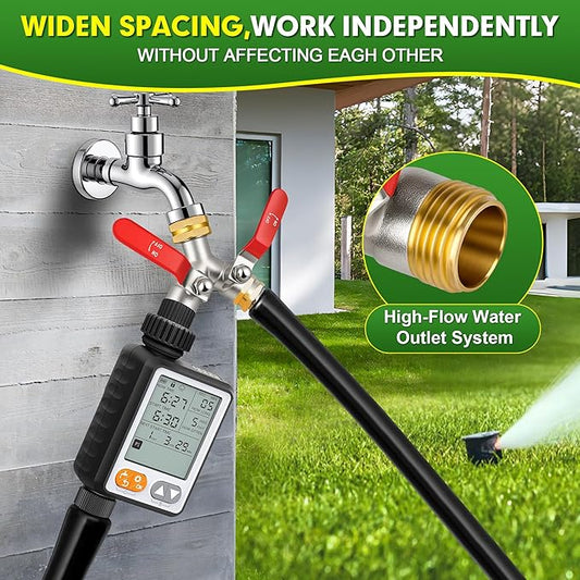 Hose Splitter 2 Way, High Flow Garden Hose Splitter, 3/4” Ght Inlet Brass Heavy Duty Hose Converter, Full Flow water 2 Way Faucet hose splitter, Long Handle Hose Valve Large Outlet.