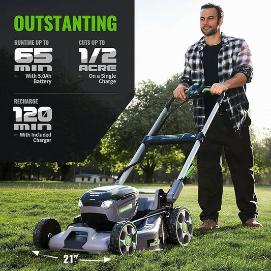 60V Self-Propelled Lawn Mower 21-Inch, Brushless Cordless Mower for Large Yards, Electric with LED Headlight, 2X5.0Ah Battery & Rapid Charger