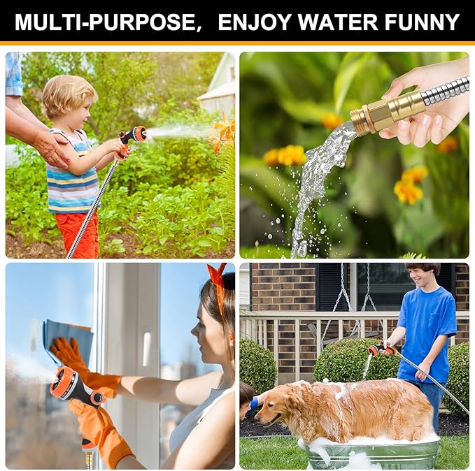 Metal Garden Hose 75ft, Stainless Steel Water Hose 75ft with 10 Function Sprayer Nozzle, Leaf-Proof Kink Free Heavy Duty Lightweight for Outdoor,Yard,Lawn,Patio, Car