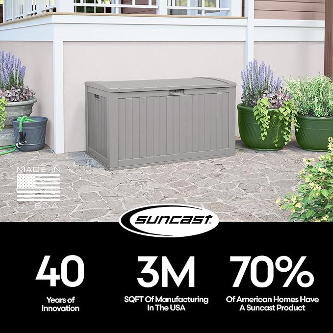 Suncast 134-Gal. Waterproof Resin Extra-Large Outdoor Patio Deck Box with Pad-Lockable Lid, Modern Outdoor Patio Bench/Storage Box for Cushions, Garden Tools, and More, Dove Gray