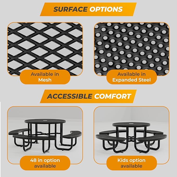 OUTTANS Round Metal Picnic Tables for Kids for Outdoors with Umbrella Hole, Adjustable Seats for School, Park, Playground (Black, 38 in, Kids, Expanded Steel)