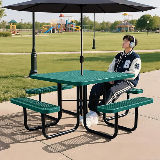 46Inch Square Picnic Table for 8 Person, Outdoor Heavy Duty Sturdy Picnic Tables with 4 Benches & Umbrella Hole, Commercial Metal Patio Picnic Table for Garden, BBQ, Coffee Store, Party, Porch (Green)