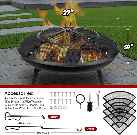 Fire Pit Spark Screen,27 Inch Fire Pit Screen Cover Outdoor with Handle&Poker,Heavy-Duty Steel Firepit Screens Cover Round Mesh Replacement for Backyard/Beach/RV Camping