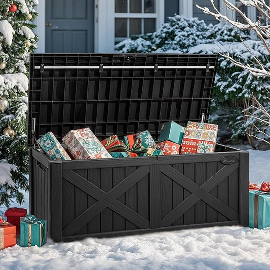 YITAHOME 120 Gallon Large Deck Box with X-Shaped Front, Resin Outdoor Storage Boxes, Waterproof Cushion Storage Bench for Patio, Pool Supplies, Garden Tools - Lockable, Black
