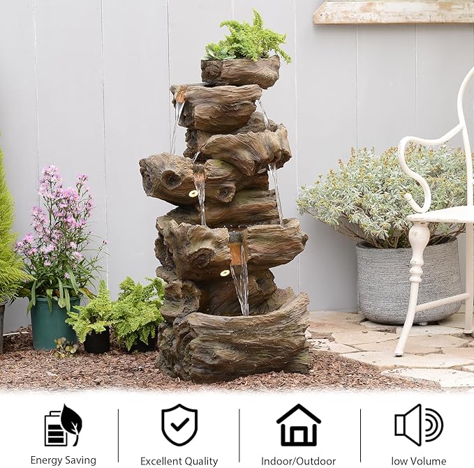 Bumilgar 40.6" H Wood-Like Water Fountain Indoor & Outdoor, 5-Tier Natural Cascading Waterfall with LED Light for Patio, Porch, Garden, Home Decor, Medium Wood